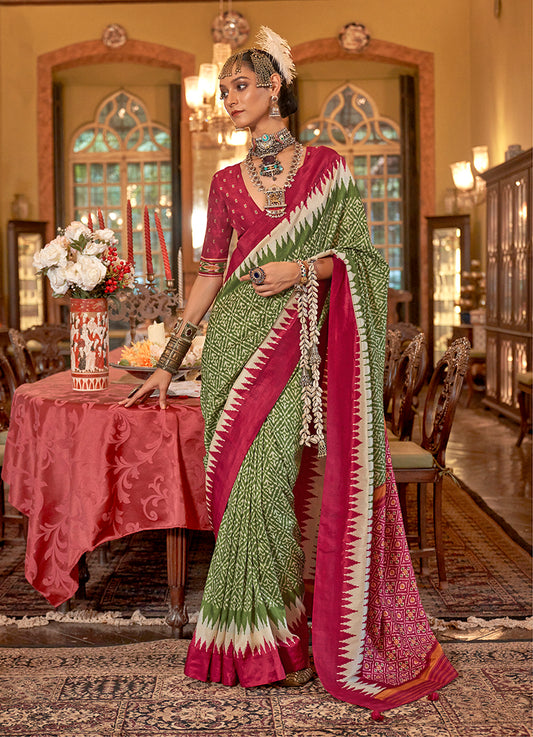 Green & Pink Color Patola Design Zari Work Traditional Saree