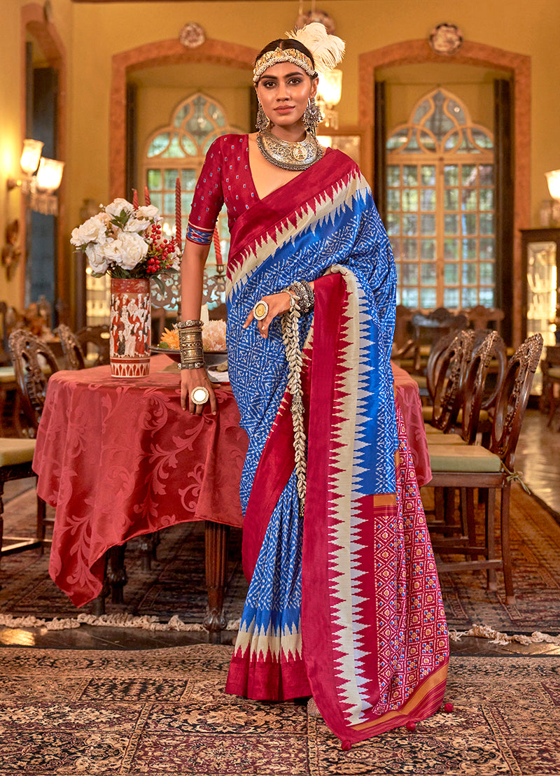 Blue & Pink Color Patola Design Zari Work Traditional Saree