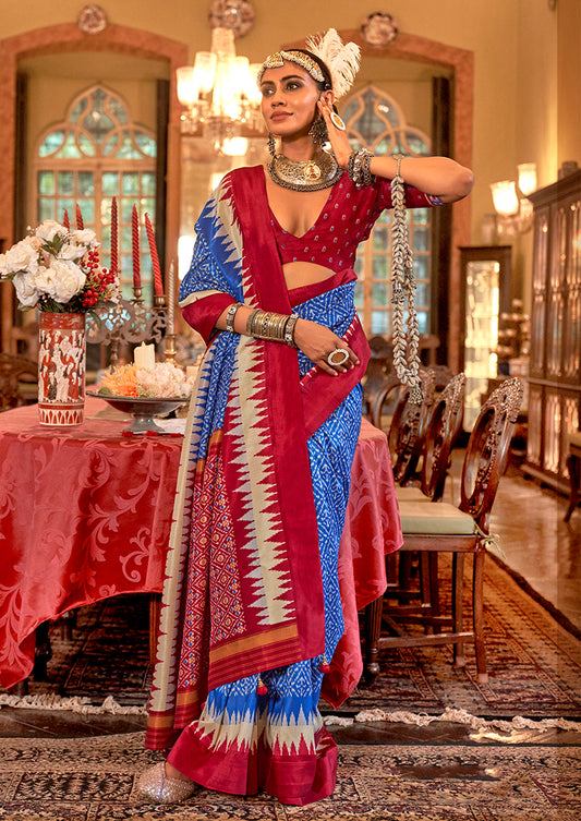 Blue & Pink Color Patola Design Zari Work Traditional Saree