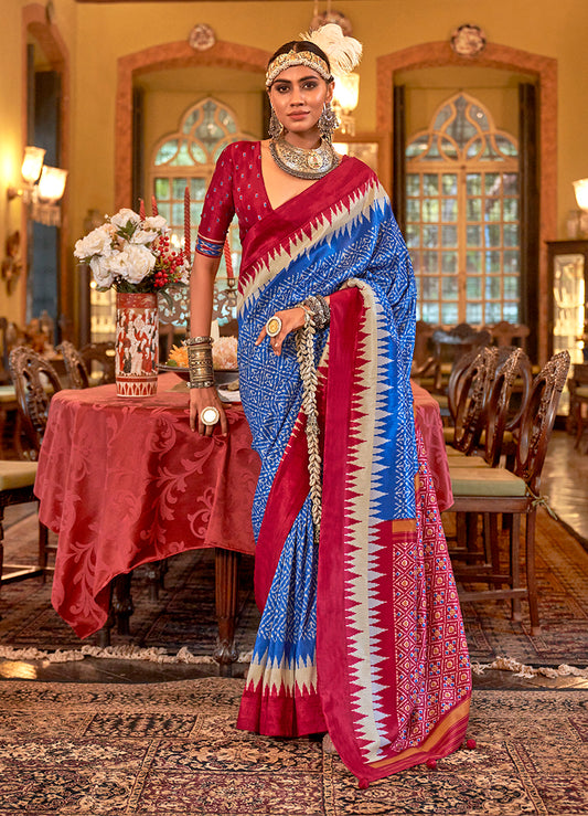 Blue & Pink Color Patola Design Zari Work Traditional Saree