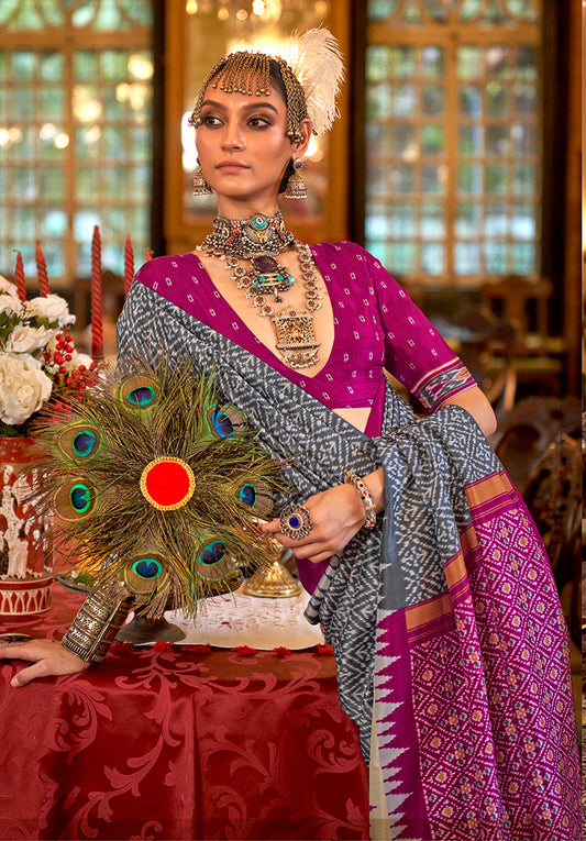 Grey & Magenta Color Patola Design Zari Work Traditional Saree