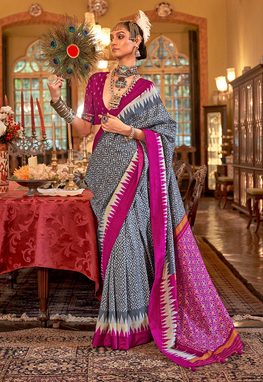 Grey & Magenta Color Patola Design Zari Work Traditional Saree