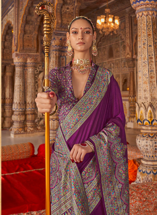 Purple Silk Luxury Print Festival Wear Classic Saree
