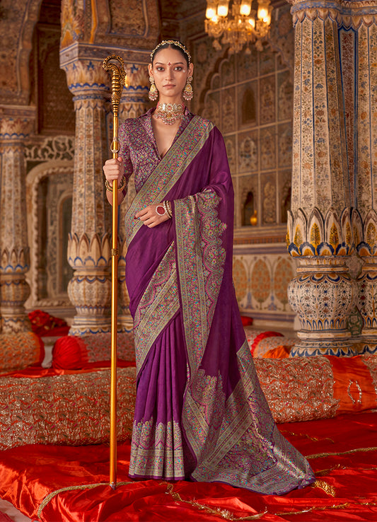 Purple Silk Luxury Print Festival Wear Classic Saree