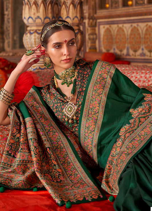 Dark Green Silk Luxury Print Festival Wear Classic Saree