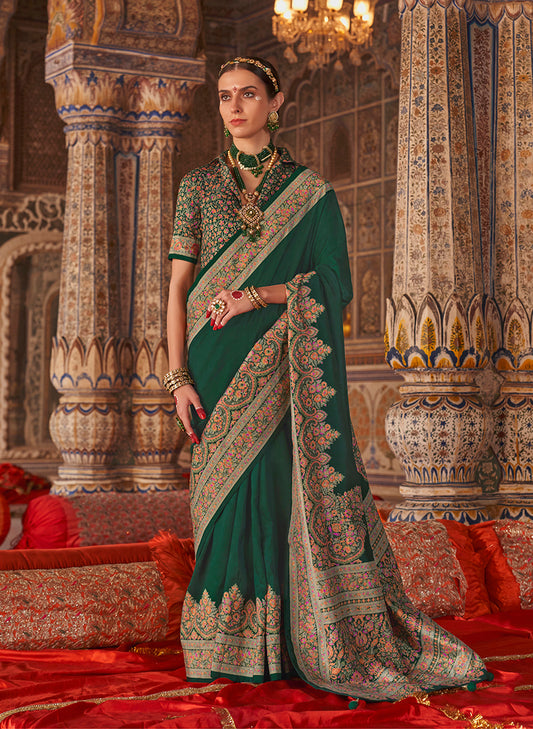 Dark Green Silk Luxury Print Festival Wear Classic Saree