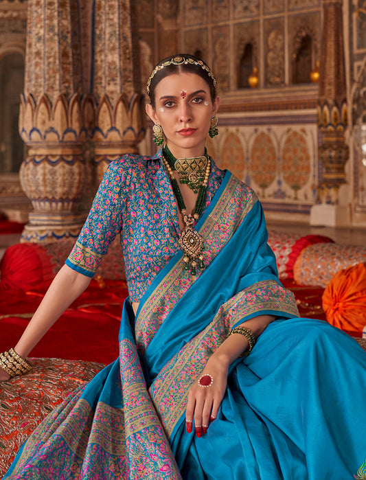 Turquoise Silk Luxury Print Festival Wear Classic Saree