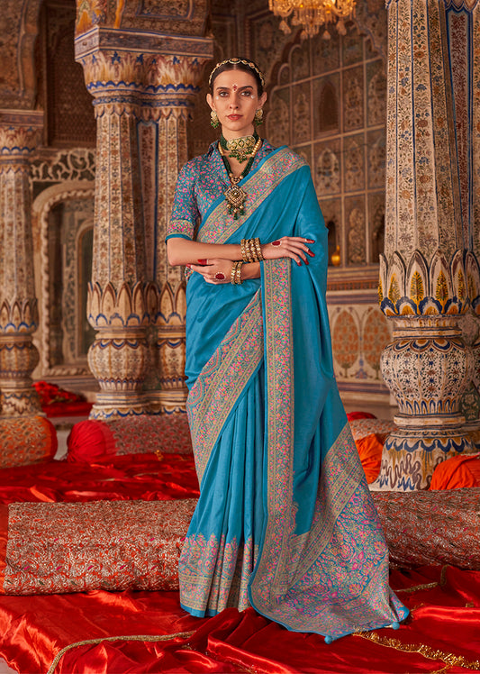 Turquoise Silk Luxury Print Festival Wear Classic Saree