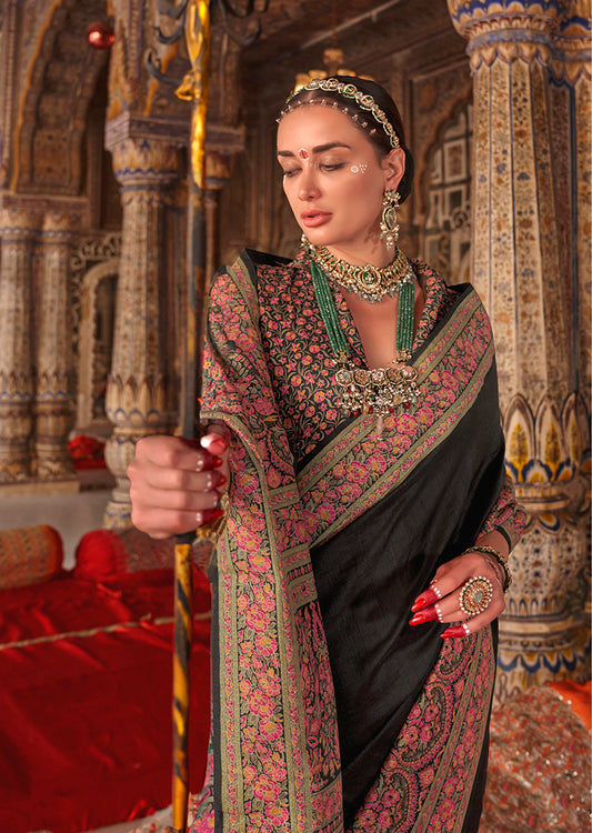 Black Silk Luxury Print Festival Wear Classic Saree