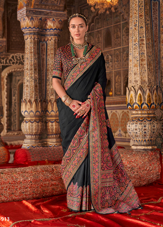 Black Silk Luxury Print Festival Wear Classic Saree