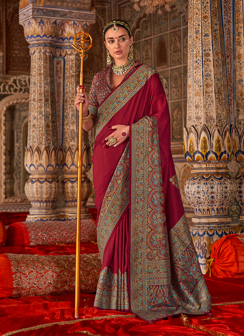 Magenta Silk Luxury Print Festival Wear Classic Saree