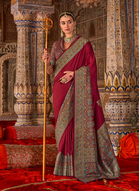 Magenta Silk Luxury Print Festival Wear Classic Saree