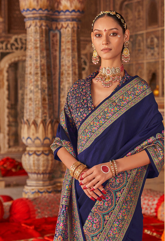 Navy blue Silk Luxury Print Festival Wear Classic Saree