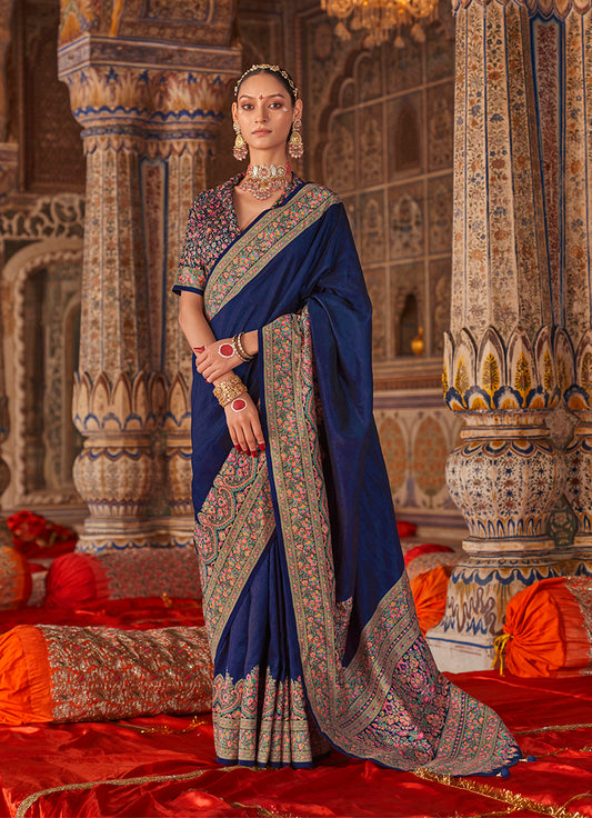 Navy blue Silk Luxury Print Festival Wear Classic Saree