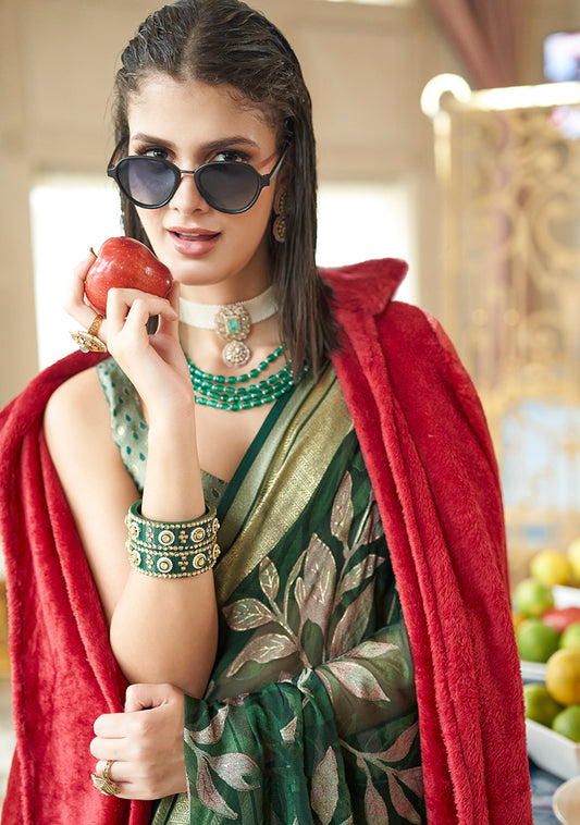 Georgette Classic Saree with Fancy Work for Ceremonial in Dark Green