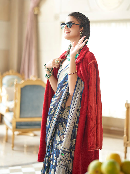 Georgette Classic Saree with Fancy Work for Ceremonial in Navy Blue