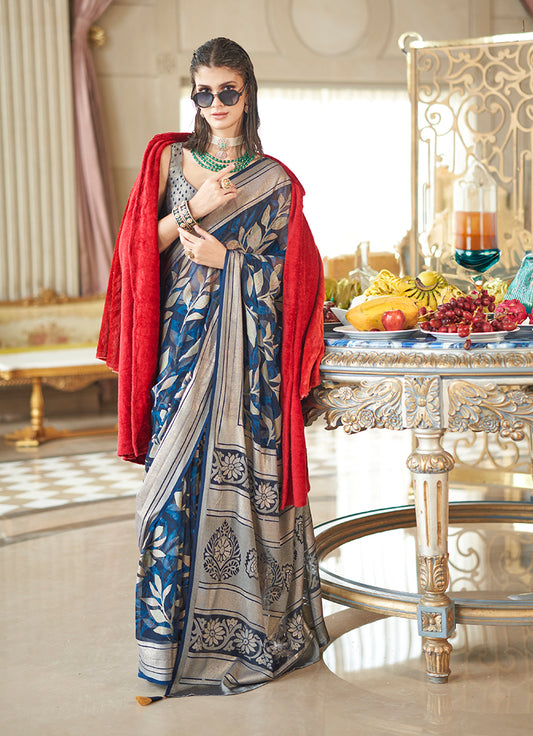 Georgette Classic Saree with Fancy Work for Ceremonial in Navy Blue