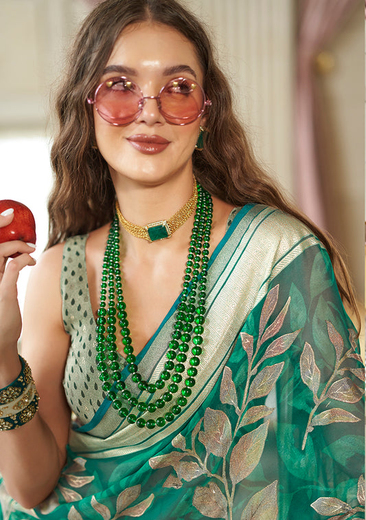 Georgette Classic Saree with Fancy Work for Ceremonial in Sea Green