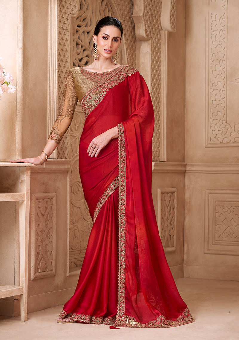 Blooming Red Color Satin silk Fancy Designer Festival Saree