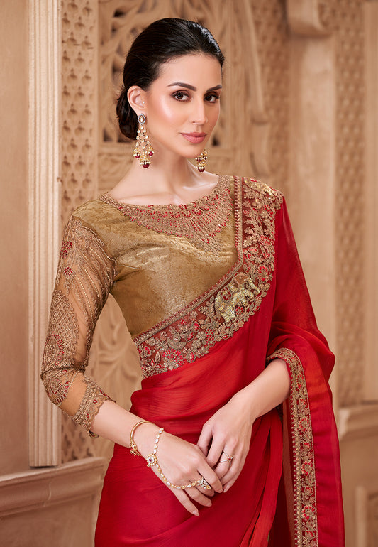 Blooming Red Color Satin silk Fancy Designer Festival Saree