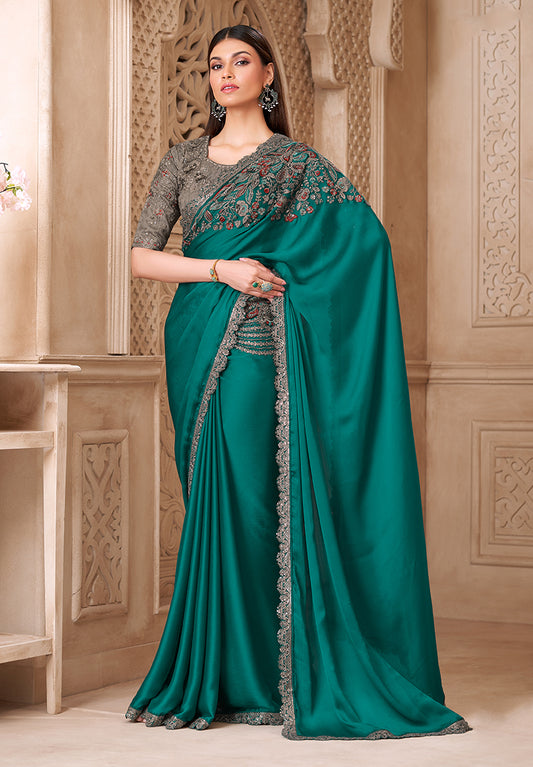 Teal Color Satin silk Fancy Designer Festival Saree