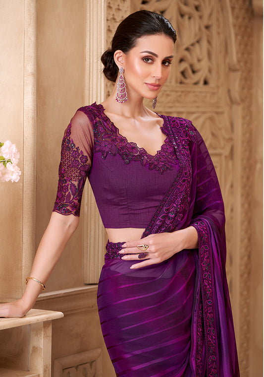 Purple Color Georgette Fancy Designer Festival Saree