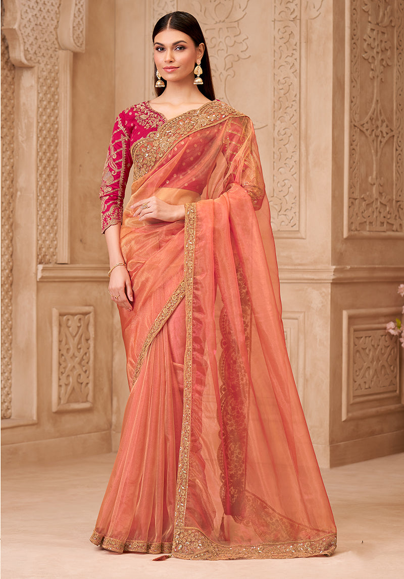 Peach gold sparkle Color Georgette silk Fancy Designer Festival Saree