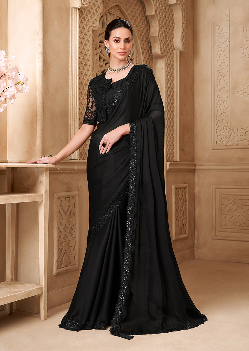 Black Color Satin Georgette Fancy Designer Festival Saree With Jacket Style Blouse