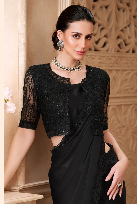 Black Color Satin Georgette Fancy Designer Festival Saree With Jacket Style Blouse