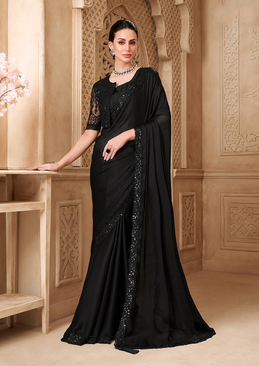 Black Color Satin Georgette Fancy Designer Festival Saree With Jacket Style Blouse