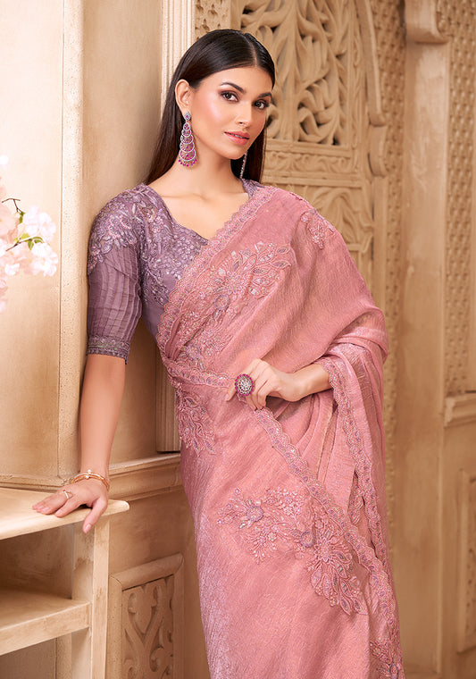 Pink Color Crush Satin Georgette Fancy Designer Festival Saree