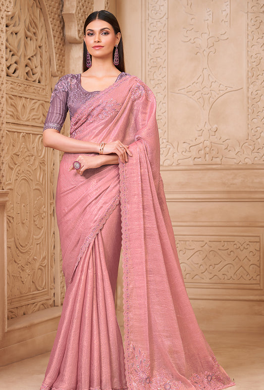 Pink Color Crush Satin Georgette Fancy Designer Festival Saree