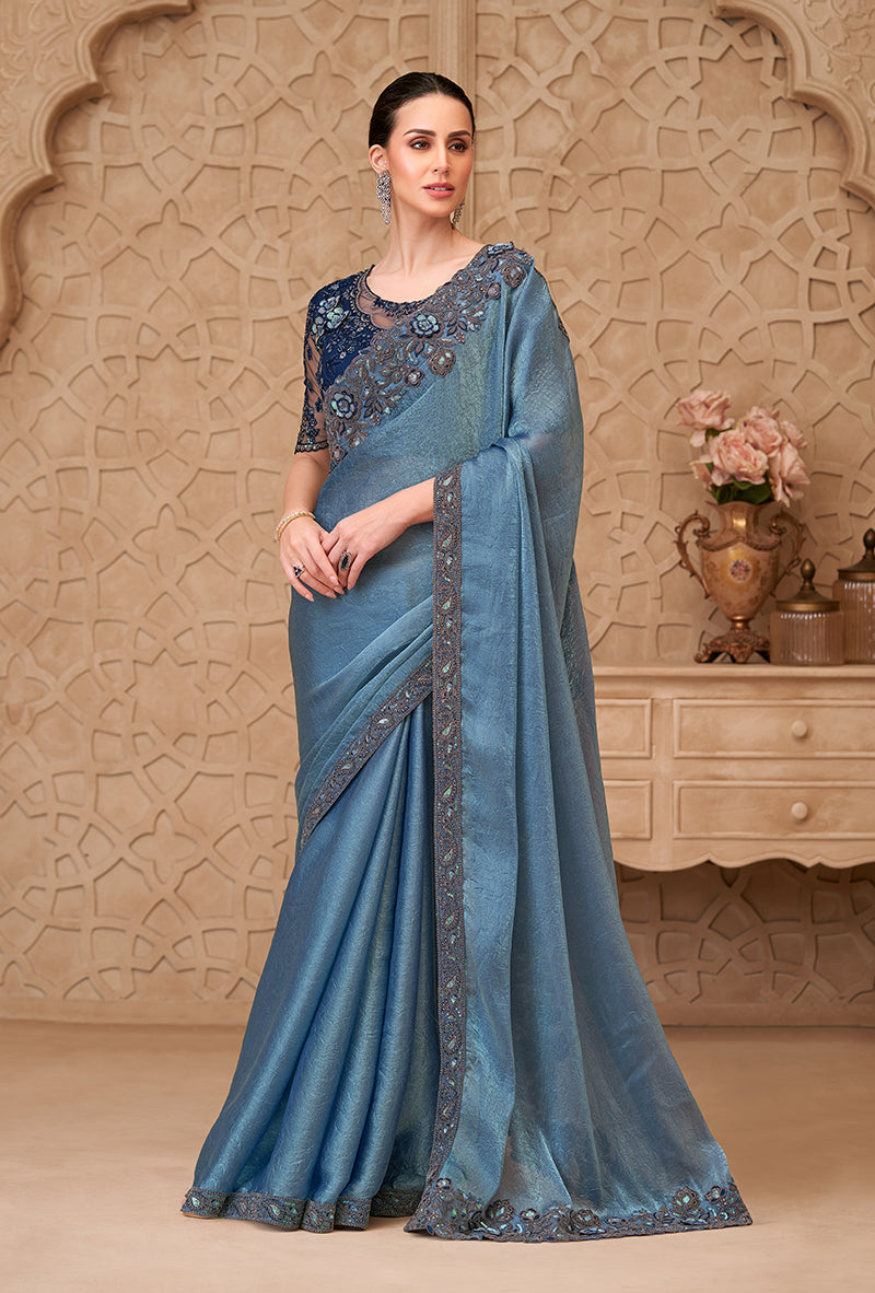 Metal blue Color Satin Crush Georgette Fancy Designer Festival Saree