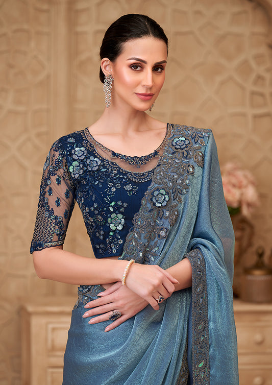Metal blue Color Satin Crush Georgette Fancy Designer Festival Saree