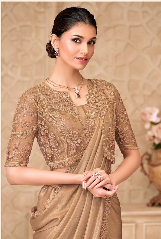 Gold Shimmer Satin Georgette Fancy Designer Saree With Jacket Style Blouse