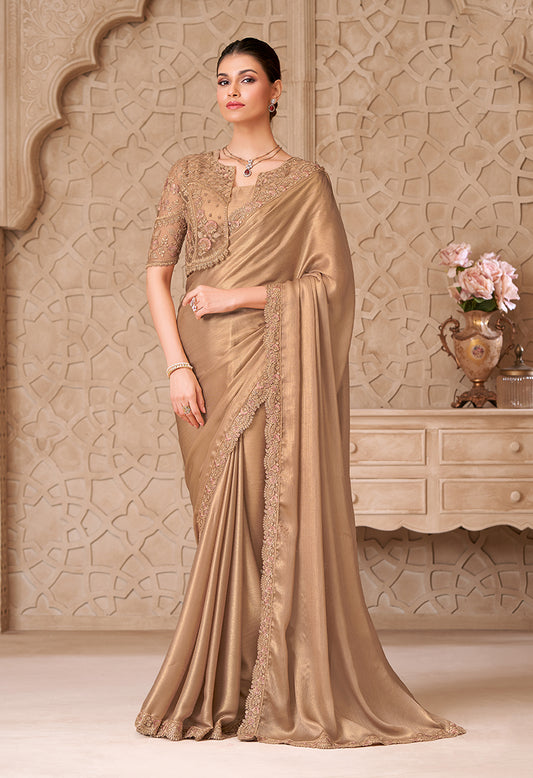 Gold Shimmer Satin Georgette Fancy Designer Saree With Jacket Style Blouse