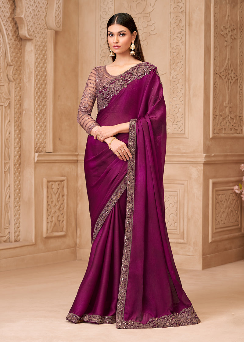 Wine Color Satin Georgette Embroidered Border Fancy Designer Saree