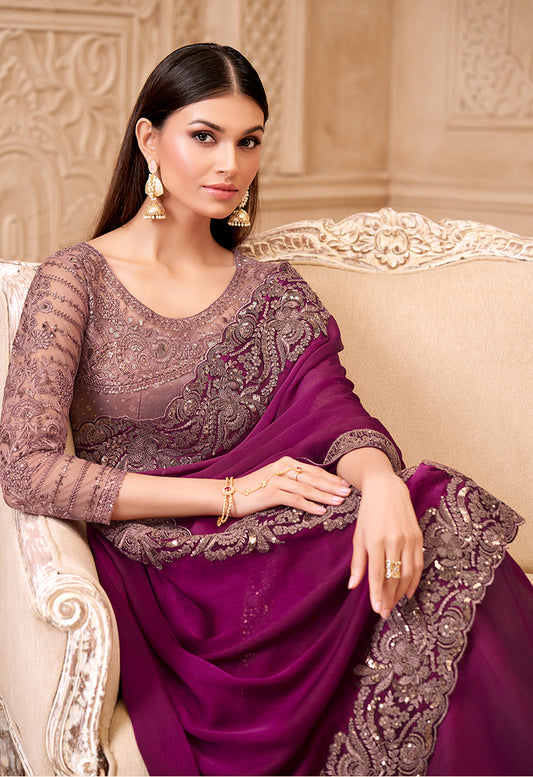 Wine Color Satin Georgette Embroidered Border Fancy Designer Saree