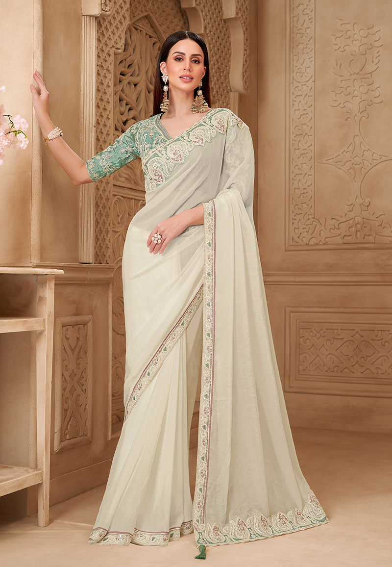 Off White Color Georgette silk Embroidered Border Fancy Designer Saree