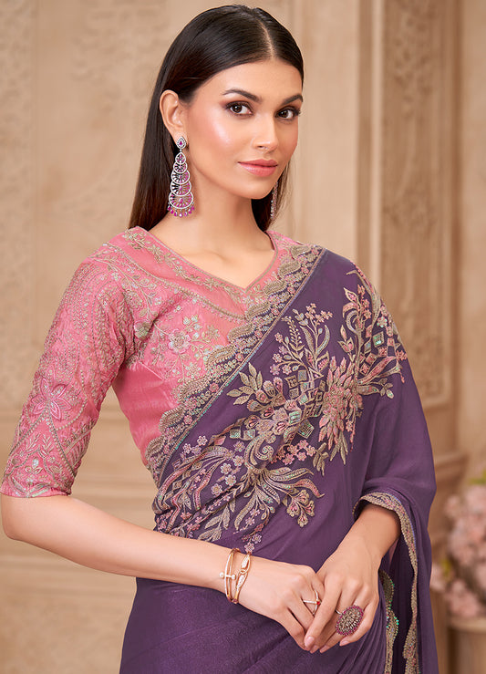 Lavender Color Georgette Embroidered Fancy Designer Saree