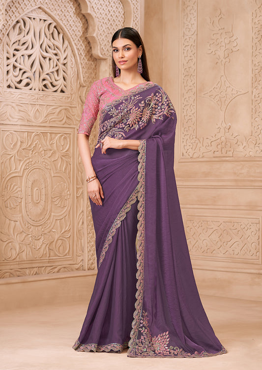 Lavender Color Georgette Embroidered Fancy Designer Saree
