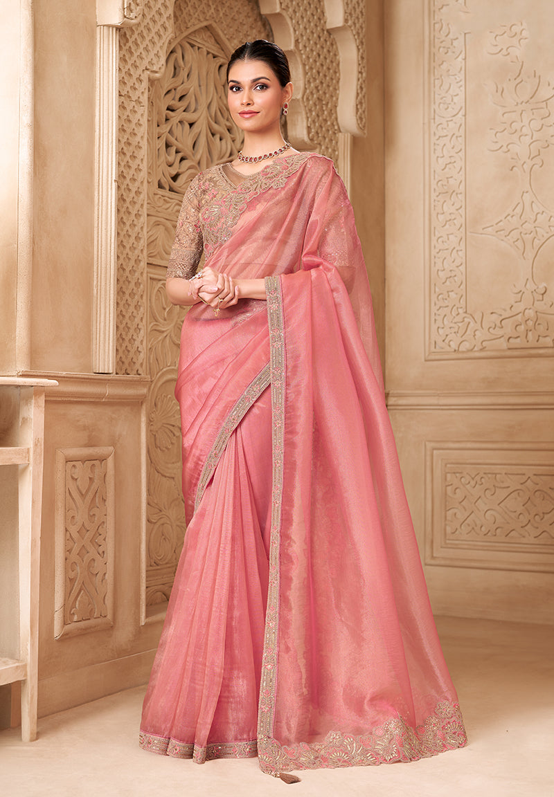 Light Pink Color Tissue Georgette Embroidered Fancy Designer Saree