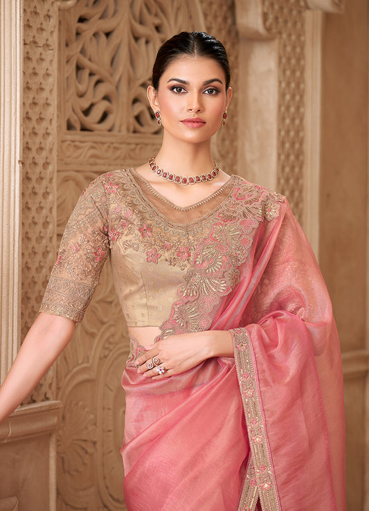 Light Pink Color Tissue Georgette Embroidered Fancy Designer Saree