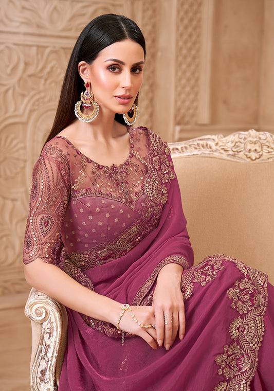 Onion Pink Color Soft Georgette Embroidered Fancy Designer Saree