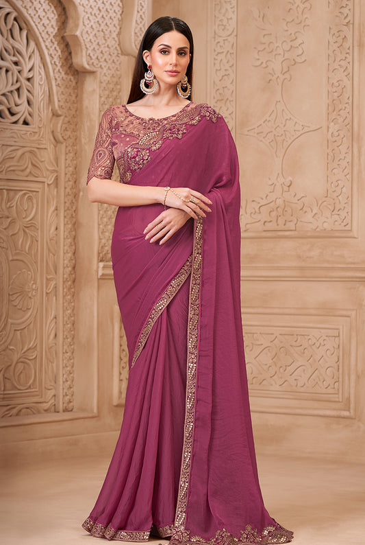 Onion Pink Color Soft Georgette Embroidered Fancy Designer Saree