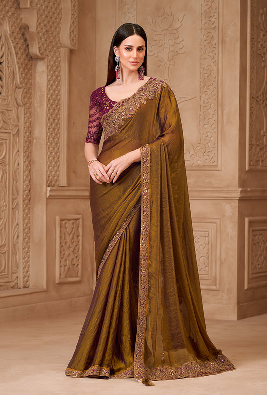 Golden Brown Color Satin Georgette Embroidered Fancy Designer Saree