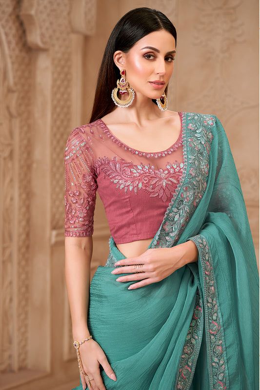 Turquoise Color Crush Satin Georgette Embroidered Fancy Designer Saree
