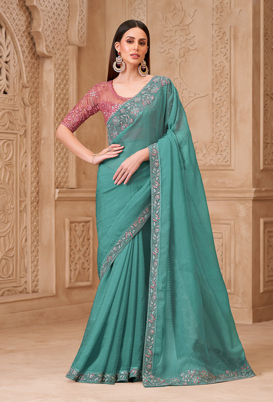 Turquoise Color Crush Satin Georgette Embroidered Fancy Designer Saree