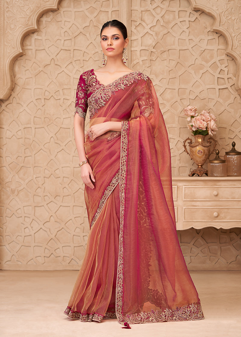 Gold red Sparkle Color Georgette Silk Embroidered Fancy Designer Saree