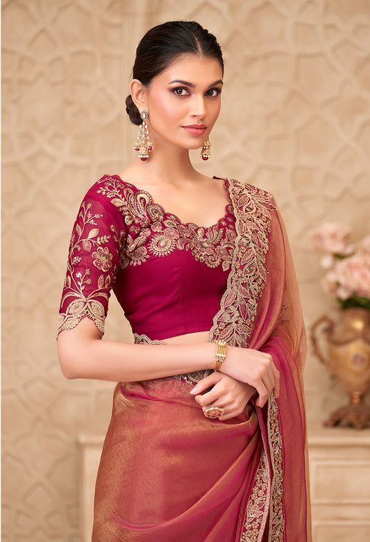Gold red Sparkle Color Georgette Silk Embroidered Fancy Designer Saree